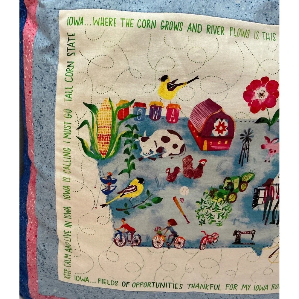 Vintage Iowa State Map Quilted Throw Pillows Set of 2 Blue Pink 16x16